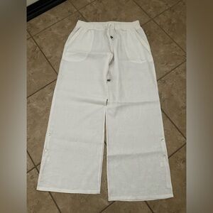 WHITE LINEN WIDE LEG PANTS